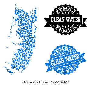 Map of Pemba island vector mosaic and clean water grunge stamp. Map of Pemba island designed with blue water drops. Seal with grunge rubber texture for clean drinking water.