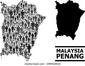 Map of Penang Island for demographics propaganda. Vector demographics abstraction. Abstraction map of Penang Island constructed of human items. Demographic concept in dark grey color hues.