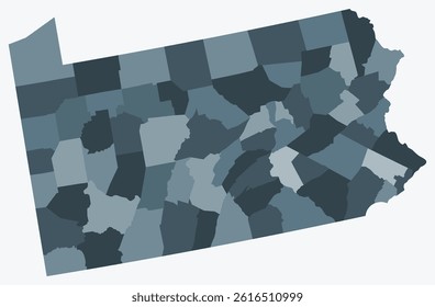 Map of Pennsylvania with counties. Just a simple state border map with county division. Blue grey color palette. Plain Commonwealth of Pennsylvania shape with administrative division.