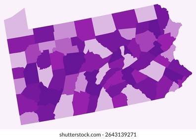 Mapa da Pensilvânia com condados. Apenas um simples mapa da fronteira do estado com a divisão do condado. Paleta de cores roxas. Forma em branco do estado da Pensilvânia com divisão administrativa.