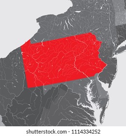 Map of Pennsylvania with lakes and rivers.