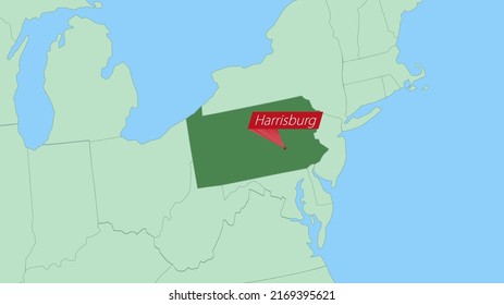 Map of Pennsylvania with pin of country capital. Pennsylvania Map with neighboring countries in green color.