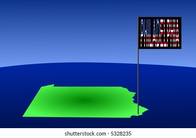 Map of Pennsylvania with position of Philadelphia marked by flag pole illustration