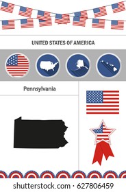 Map of Pennsylvania. Set of flat design icons nfographics elements with American symbols.