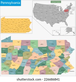 Map of Pennsylvania state designed in illustration with the counties and the county seats