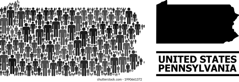 Map of Pennsylvania State for national applications. Vector demographics mosaic. Mosaic map of Pennsylvania State made of population icons. Demographic scheme in dark gray color hues.