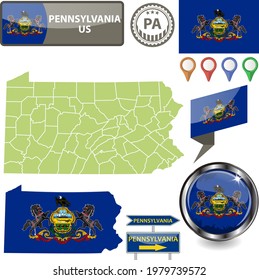Mapa del estado de Pensilvania, EE.UU. con bandera y condados. Imagen del vector