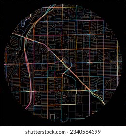 Map of Peoria, Arizona with all major and minor roads, railways and waterways. Colorful line art on black background.