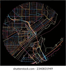 Map of Peoria, Illinois with all major and minor roads, railways and waterways. Colorful line art on black background.