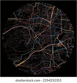 Map of Perchtoldsdorf, Lower Austria with all major and minor roads, railways and waterways. Colorful line art on black background.