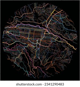 Map of Pereira with all major and minor roads, railways and waterways. Colorful line art on black background.