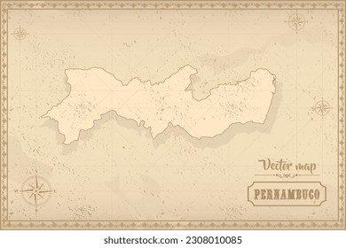 Mapa de Pernambuco en el estilo antiguo, gráficos marrones en estilo retro de fantasía. Unidades federativas de Brasil.