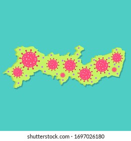 Mapa de Pernambuco con virus. epidemia de coronavirus en el estado brasileño. Conceptual.