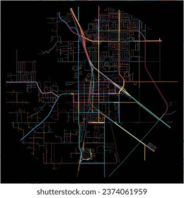 Map of Perris, California with all major and minor roads, railways and waterways. Colorful line art on black background.