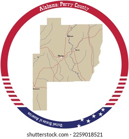 Mapa del condado de Perry en Alabama, EE.UU. arreglado en círculo.
