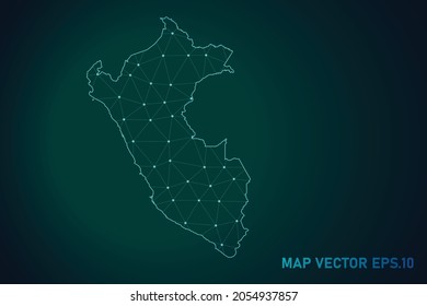 Mapa de perú - Resumen de la línea de purga y las escalas de puntos sobre el fondo de gradiente oscuro. Línea de red poligonal, esfera de diseño, punto y estructura de malla 3D del marco de cables. Ilustración vectorial eps 10.