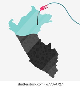 Map of Peru being fueled by oil. Gas pump fueled map. On the map there is glass reflection. Conceptual. Oil producing or importing countries.