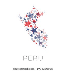 Mapa de Perú lleno de estrellas rojas y azules con tamaños aleatorios y opacidad en fondo blanco. Signo de concepto de viaje abstracto