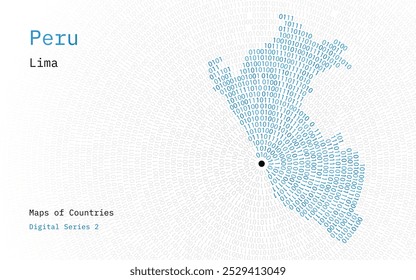 Eine Karte von Peru, die in Nullen und Einsen in Form eines Kreises dargestellt ist. Die Hauptstadt Lima ist in der Mitte des Kreises dargestellt	
