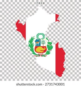 Map of Peru filled with national flag colors and coat of arms, isolated on transparent background. Suitable for geography, education, travel and infographic use.