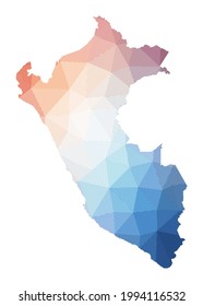 Map of Peru. Low poly illustration of the country. Geometric design with stripes. Technology, internet, network concept. Vector illustration.