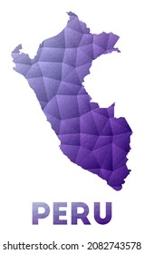 Map of Peru. Low poly illustration of the country. Purple geometric design. Polygonal vector illustration.