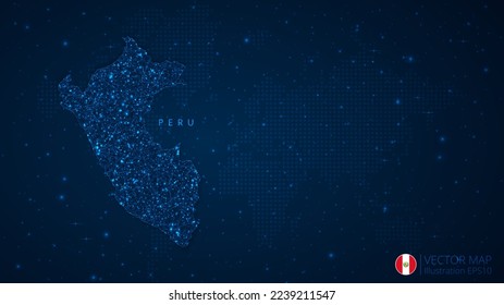 Map of Peru modern design with polygonal shapes on dark blue background. Business wireframe mesh spheres from flying debris. Blue structure style vector illustration concept.