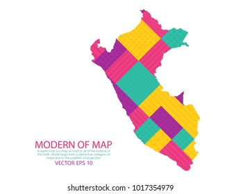 Map of Peru - Modern Geometric dots and lines background, colorful carving art - blue, yellow and violet. Vector illustration eps 10.