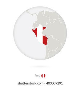 Map of Peru and national flag in a circle. Peru map contour with flag. Vector Illustration.