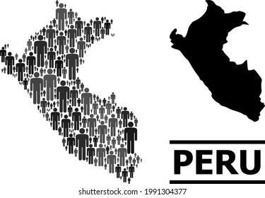 Map of Peru for national purposes. Vector demographics collage. Collage map of Peru created of social icons. Demographic concept in dark gray color hues.