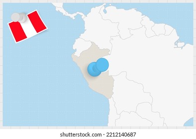 Map of Peru with a pinned blue pin. Pinned flag of Peru, vector illustration.