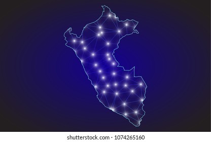 Map of Peru from polygonal blue lines and glowing stars vector illustration