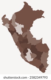 Map of Peru with regions. Just a simple country border map with region division. Brown color palette. Plain Peru shape with administrative division. Vector illustration.