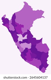 Map of Peru with regions. Just a simple country border map with region division. Purple color palette. Blank Peru shape with administrative division. Vector illustration.
