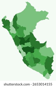 Map of Peru with regions. Just a simple country border map with region division. Green color palette. Flat Peru shape with administrative division. Vector illustration.