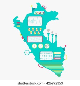 Map of Peru shaped machine. Cute Peruvian apparatus with buttons, panels and levers. Isolated. White background.