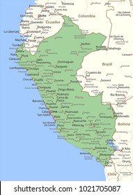 Map of Peru. Shows country borders, urban areas, place names and roads. Labels in English where possible.Projection: Mercator.