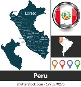 Map of Peru with subdivisions and location on South American map. Vector image
