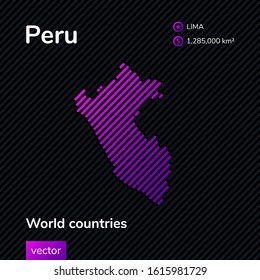 Map of Peru. Vector creative digital neon flat line art abstract simple map with violet, purple, pink striped texture  on black background. Educational banner, poster about Peru