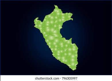 Map of Peru. Wire frame 3D green mesh with sparkle, design sphere, dot and structure. Vector illustration eps 10
