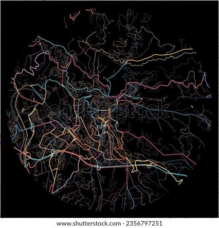 Map of Perugia, Umbria with all major and minor roads, railways and waterways. Colorful line art on black background.