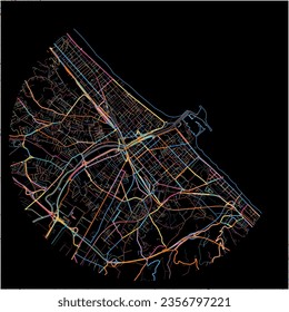 Map of Pescara, Abruzzo with all major and minor roads, railways and waterways. Colorful line art on black background.