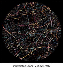 Map of Pessac, Gironde with all major and minor roads, railways and waterways. Colorful line art on black background.
