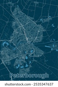 Map of Peterborough, a city in England. The map is rendered in a minimalist style, featuring a dark blue background with white lines representing streets and roads.