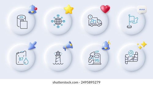 Map, Petrol station and Logistics network line icons. Buttons with 3d bell, chat speech, cursor. Pack of Diesel canister, Delivery, Flag icon. Paper wallpaper, Lighthouse pictogram. Vector