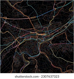 Map of Pforzheim, Baden-Wuerttemberg with all major and minor roads, railways and waterways. Colorful line art on black background.