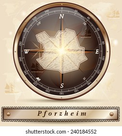 Map of Pforzheim with borders in bronze