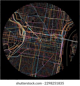 Map of Philadelphia, Pennsylvania with all major and minor roads, railways and waterways. Colorful line art on black background.