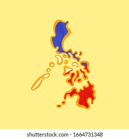 Map of Philippines colored with Philippine flag and marked with golden line in grunge vintage style.