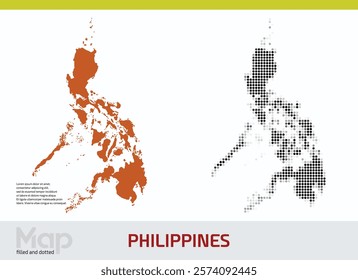 A map of Philippines in dual designs, featuring brown-filled details and black abstract dotted patterns, isolated on a white background